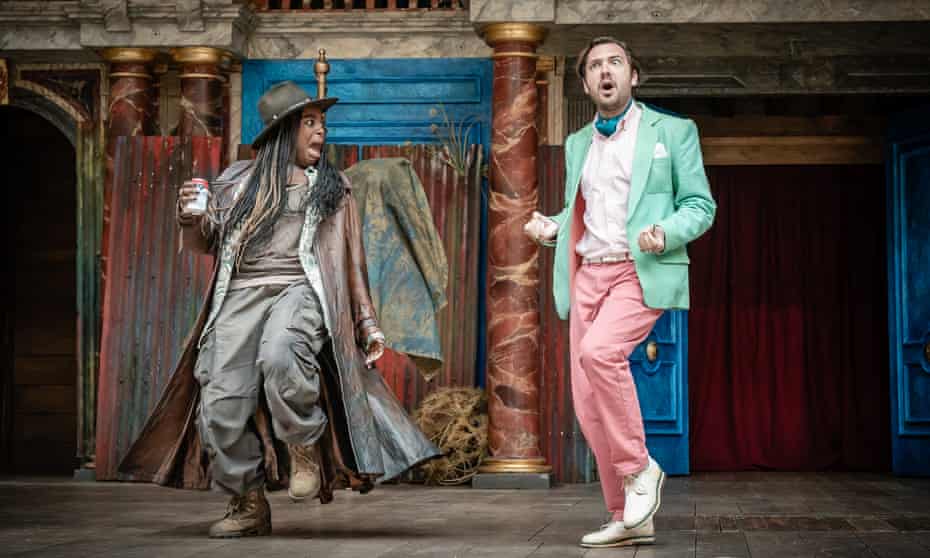 Nadine Higgin as Sir Toby Belch and George Fouracres as Andrew Aguecheek in Twelfth Night at Shakespeare’s Globe, London.