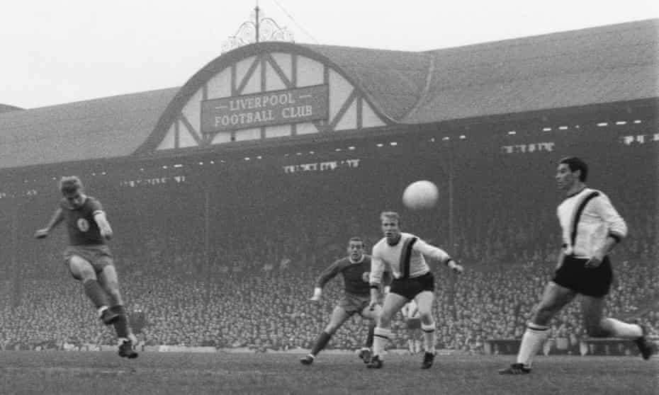 Roger Hunt fires home Liverpool’s first goal during the 3-1 win in the first leg of their European Cup semi-final against Internazionale at Anfield in May 1965
