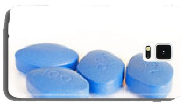 ‘Blue pills for erectile dysfunction treatment – white background’.