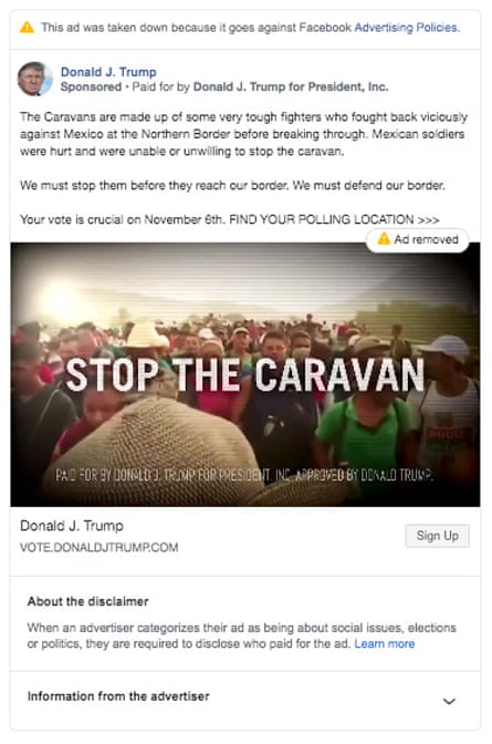 Screengrabs of Facebook ads run by Donald Trump using white nationalist language about an “invasion” of immigrants