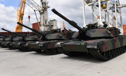 A US Abrams tanks sit on the tarmac in the port of Szczecin, Poland.