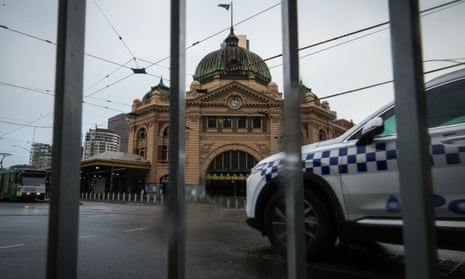 The intersection of Flinders and Swanston streets in Melbourne during the city’s lockdown restrictions