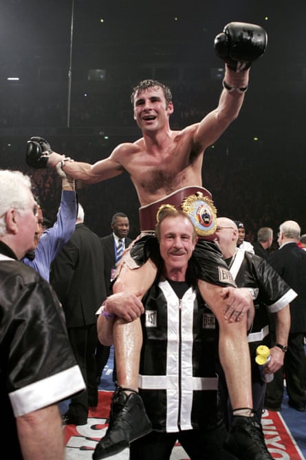 Enzo Calzaghe celebrating Joe’s win over Jeff Lacy during the WBO and IBF super-middleweight unification title fight at the MEN Arena in Manchester, 2006.