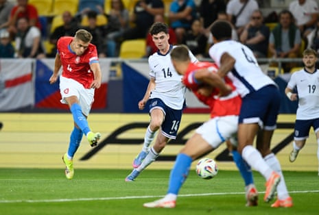 Czech Republic’s Martin Suchomel fires of a right footed shot that goes wide of England’s near post.
