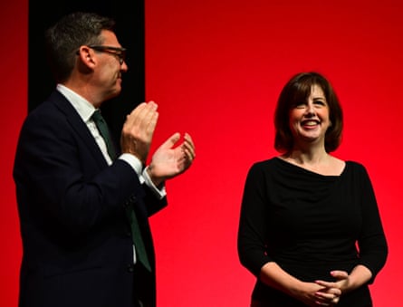 Lucy Powell onstage with Andy Burnham at the Labour party conference.