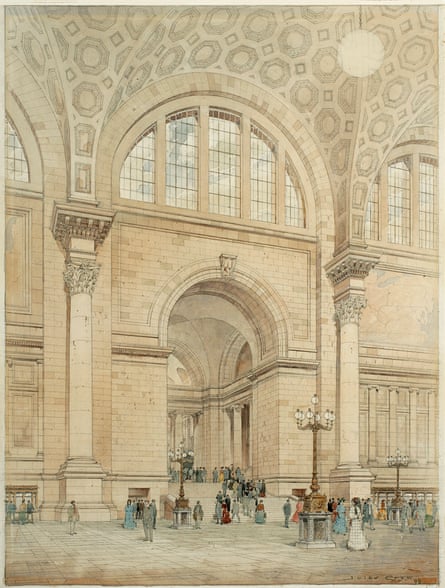sketch of the interior of a grand building with arched high ceilings