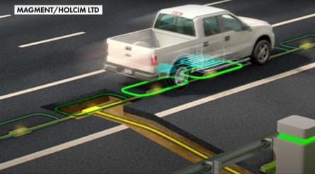An artist's rendering shows a white truck driving to charge with an internal structure on the road.