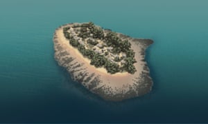 A small island is surrounded by water. Illustration for Pacific Islands Climate Change Podcast.