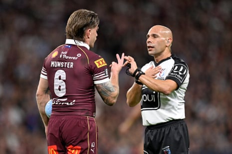 Cameron Munster talks to referee Ashley Klein.
