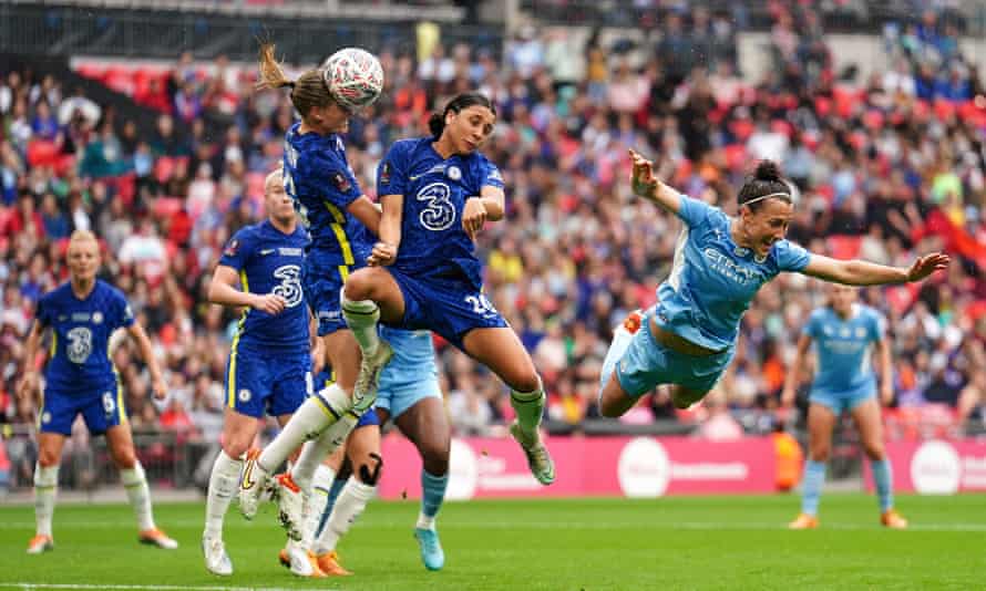 Chelsea’s Magdalena Eriksson (left) and Sam Kerr compete for the ball with Manchester City’s Lucy Bronze (right).