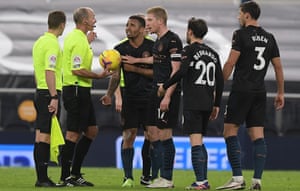 Gabriel Jesús leads the protests after it was ruled that the ball had grazed his arm before setting up Aymeric Laporte
