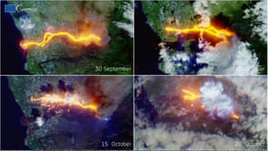 Images taken by the Copernicus Sentinel-2 satellite show the Cumbre Vieja volcano’s eruption has been ongoing for more than a month and is yet to show any sign of easing