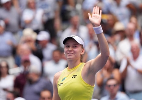 Elena Rybakina waves to the crowd as she celebrates winning her quarter-final match against Qinwen Zheng.