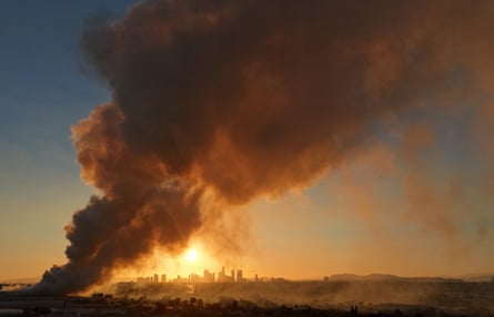 An aerial view as a massive warehouse fire at a cold storage facility in Los Angeles, California.