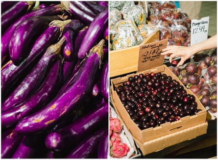 Снимки в едър план на китайски патладжан и италианско грозде за продажба