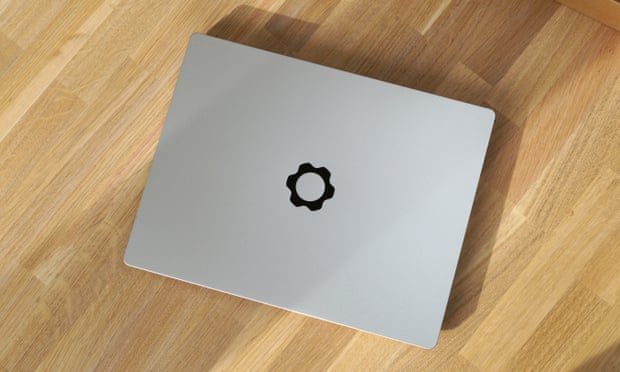The Framework Laptop shut showing the company’s cog logo on the outside 