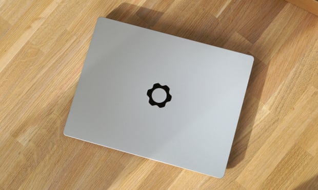 The Framework Laptop shut showing the company’s cog logo on the outside