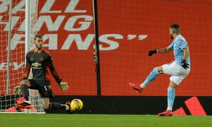 Manchester City’s Riyad Mahrez is denied by David de Gea.