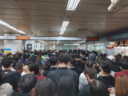 Crowds exiting Itaewon station, Seoul, South Korea on 29 October 2022.