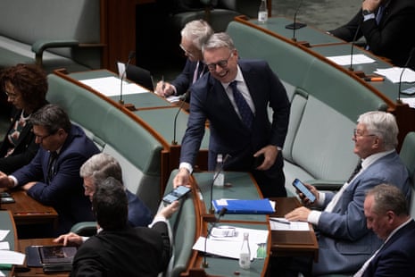 Joel Fitzgibbon talks to george Christensen during question time in parliament house, Canberra this afternoon. Tuesday 25th May 2021. Photograph by Mike Bowers. Guardian Australia.