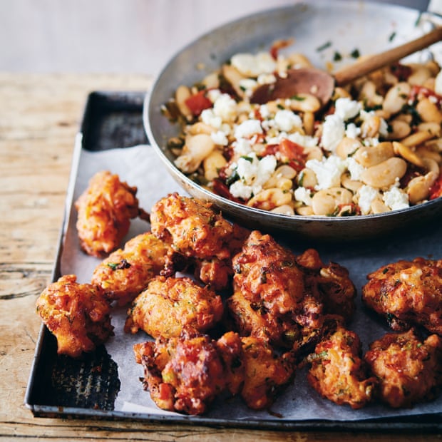 Tomato fritters with butter beans and feta. From ‘New Kitchen Basics’ by Claire Thomson. 20 best tomato recipes.