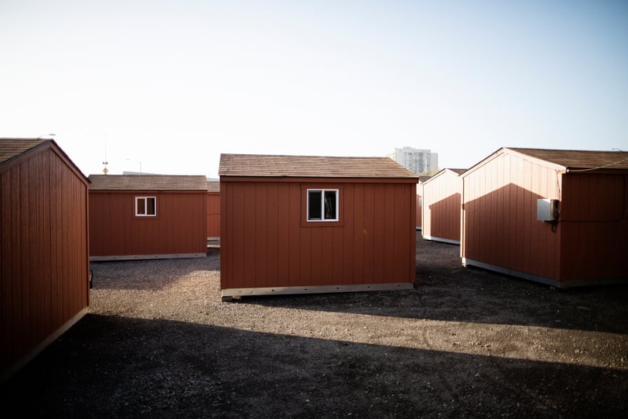 The tuff shed village in Oakland, California, is made up of tiny cabins.