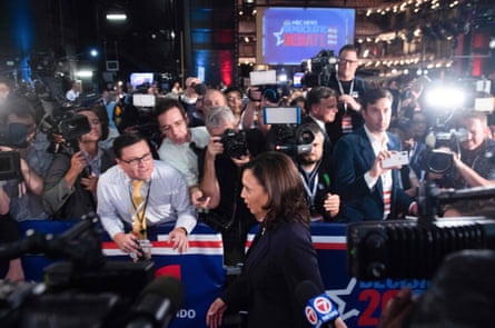 Democratic presidential hopeful US Senator for California Kamala Harris speaks to the press in the Spin Room after participating in the second Democratic primary debate of the 2020 presidential campaign season hosted by NBC News at the Adrienne Arsht Center for the Performing Arts in Miami, Florida, June 27, 2019.