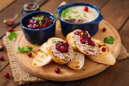 Chicken liver pate with cranberry sauce, served with croutons
