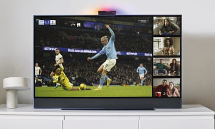 Friends using the watch together feature to view premier league football on a Glass TV using Sky Live.