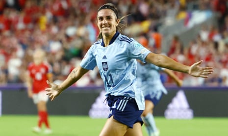 Spain’s Marta Cardona celebrates after her late goal against Denmark.