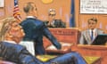 A courtroom sketch of Donald Trump watching as Keith Davidson is cross-examined in New York City on 2 May. 