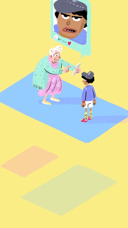 Illustration of old woman taking a photo of a grimacing young boy