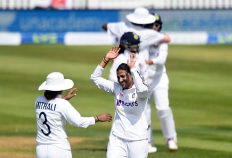 India’s Sneh Rana celebrates taking the wicket of England’s Tamsin Beaumont.