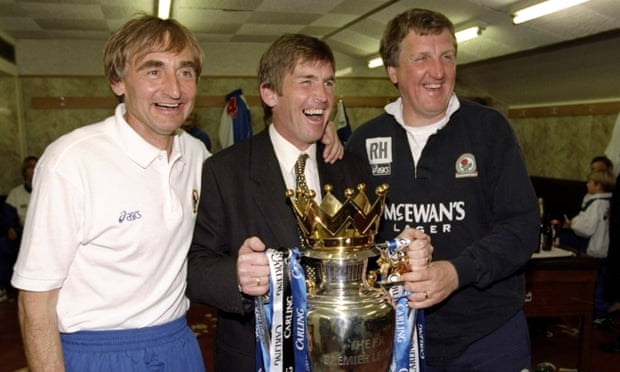 Kenny Dalglish with Tony Parkes, left, and Ray Harford after Blackburn won the title at Anfield in May 1995