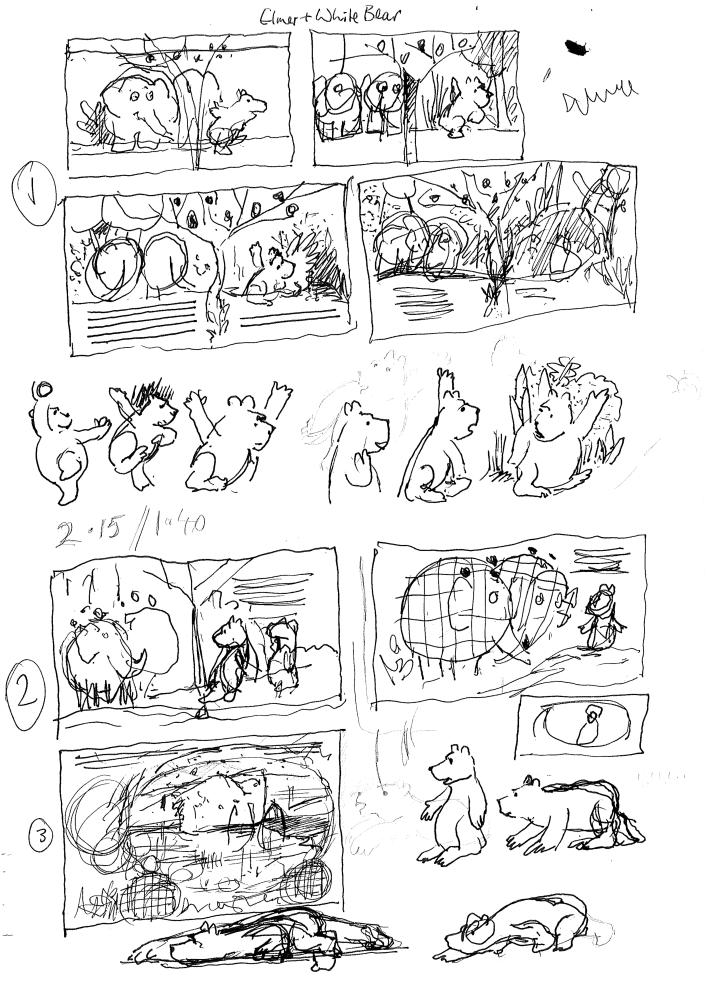 Black and white sketches by David McKee laying out the idea for his new book 