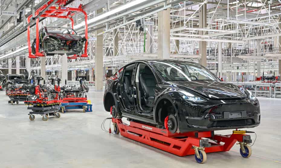 A Tesla Model Y on the production line at the firm’s factory in Grünheide, Brandenburg, Germany.