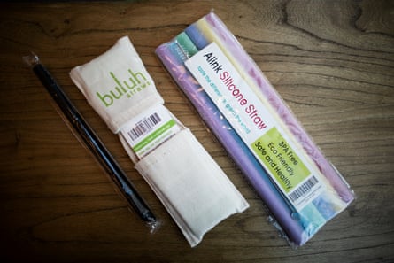 From left: a plastic disposable straw, buluh bamboo straws, and Alink silicone straws.