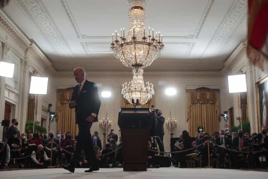 Winter of peril and impossibility: Biden faces hard truth at anniversary press conference | Joe Biden 3 Joe Biden departs after the conference.