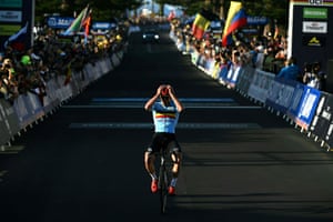 Belgium’s Remco Evenepoel crosses the finish line to win the men’s road race cycling event at the UCI 2022 road world championship in Wollongong, NSW on 25 September.