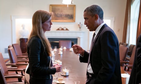 Barack Obama and Samantha Power in the cabinet room of the White House.