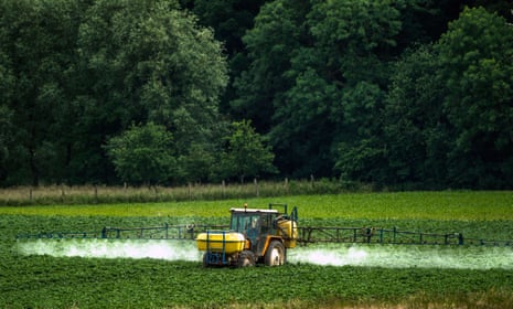 A farmer sprays pesticides on to crops in Bailleul, France.