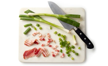 The salty bacon is a great foil for the sweet peas, but if you don’t eat meat, leave it out and stick to onions.