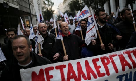 Pro-communist protesters march through Athens on Friday.