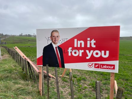 A defaced election sign of Labour leader and New Zealand prime minister Chris Hipkins.