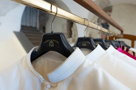 A view of the "Room of Tears" with the different sizes of the dress that the new Pope will wear.