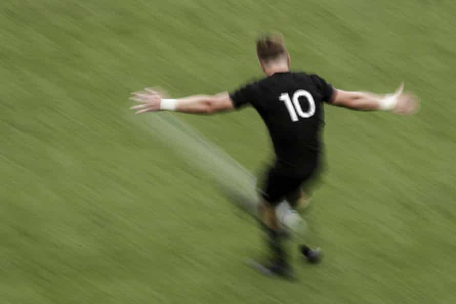 New Zealand fly-half Jordie Barrett kicks a conversion against Namibia at the Tokyo Stadium.