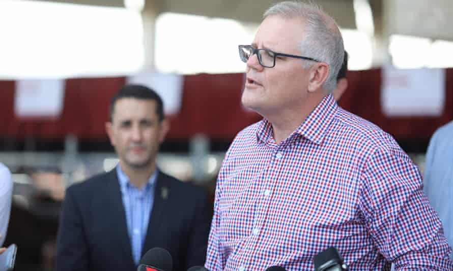 Australian prime minister Scott Morrison is seen during a press conference at Beef Australia Expo 2021 in Rockhampton, Queensland