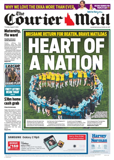 The Courier Mail Thu 17 Aug front page after Matildas defeat