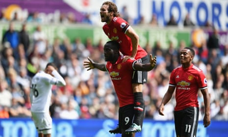 Romelu Lukaku of Manchester United celebrates scoring his sides second goal with Daley Blind.