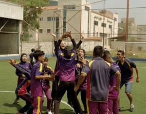 The Shatila Hub 1 team – including Louay, Maram and Amal - celebrate winning the Alsama championship